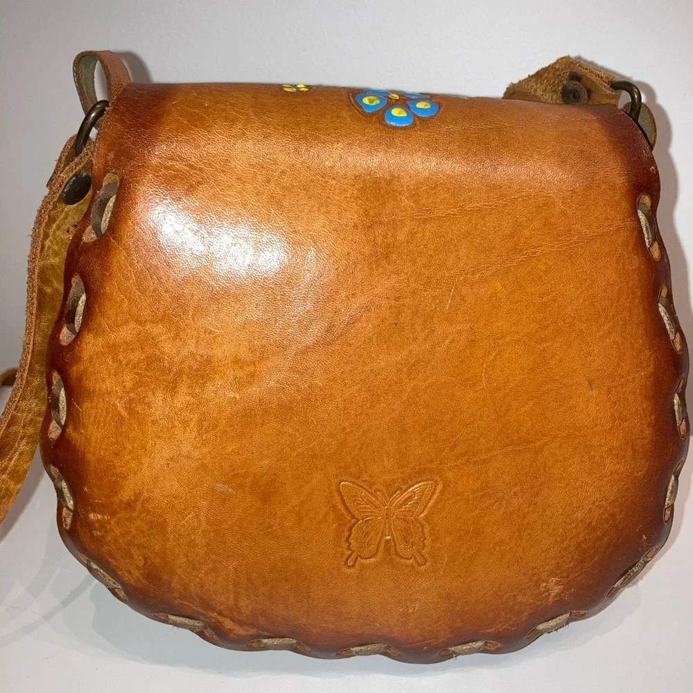 Vintage Hand-Painted Floral Boho Leather Hand Tooled Crossbody Bag - Picture 2 of 6